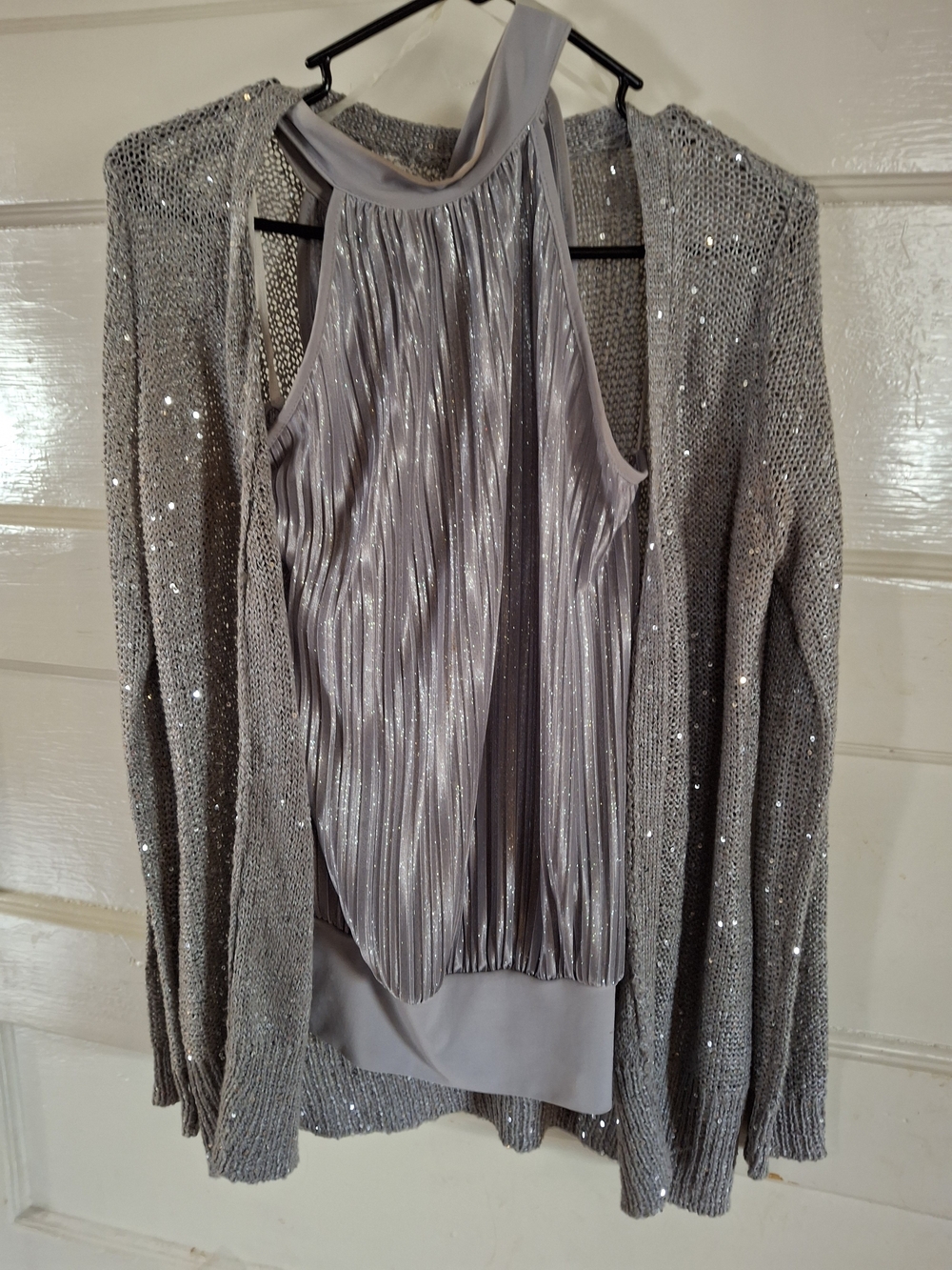 Say What? Silver Sequin Cardigan & Metallic Halter Top Set L/G (CFD106)
